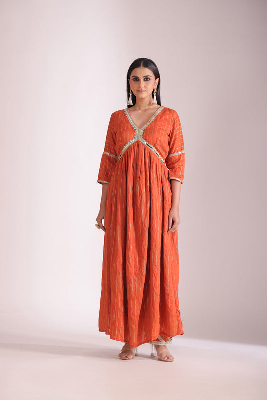 Mastani Rust Orange Embroidered Chanderi Anarkali And Pant With Dupatta