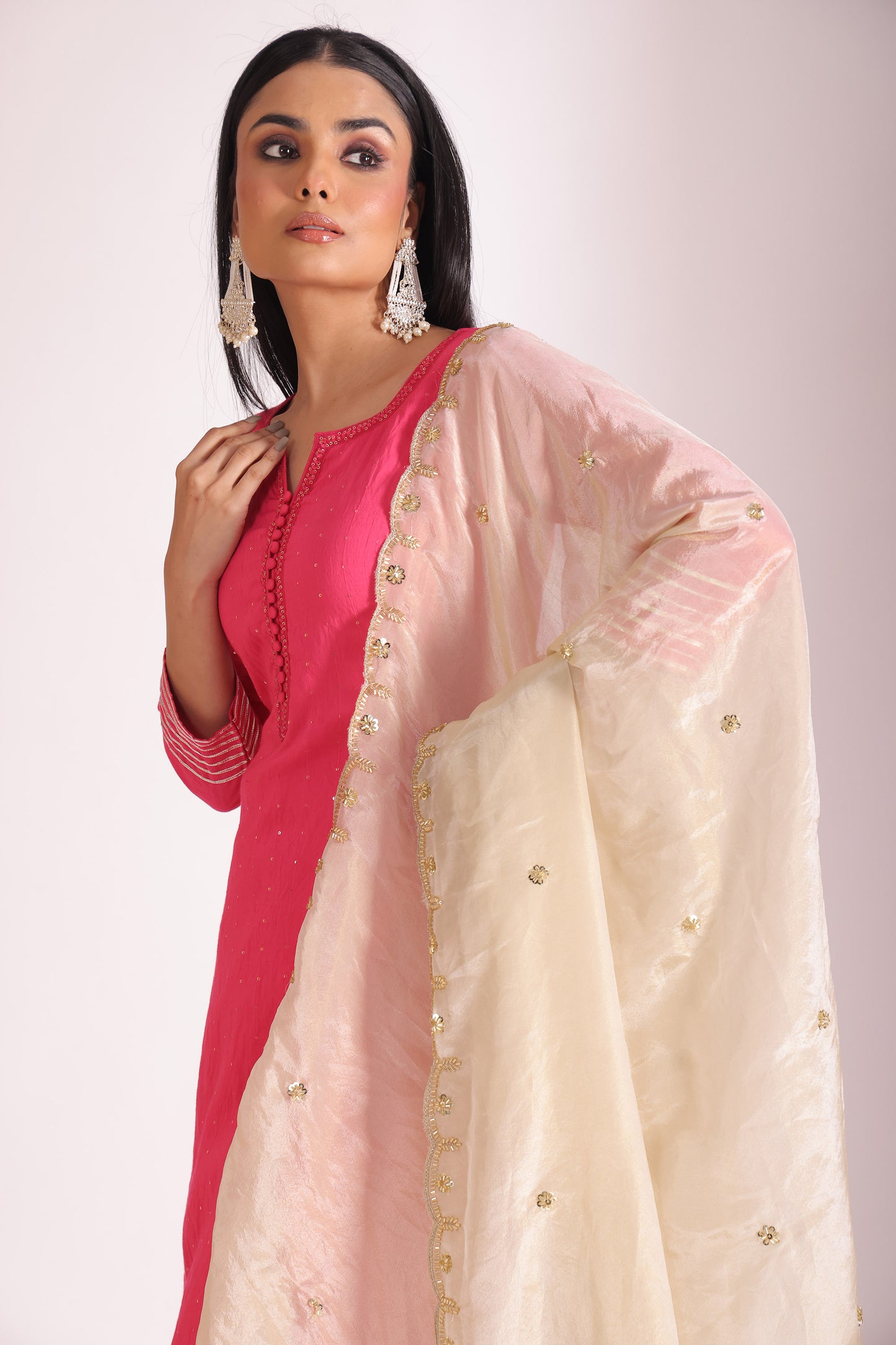 Mastani Fuschia Embroidered Chanderi Kurta And Pant With Dupatta