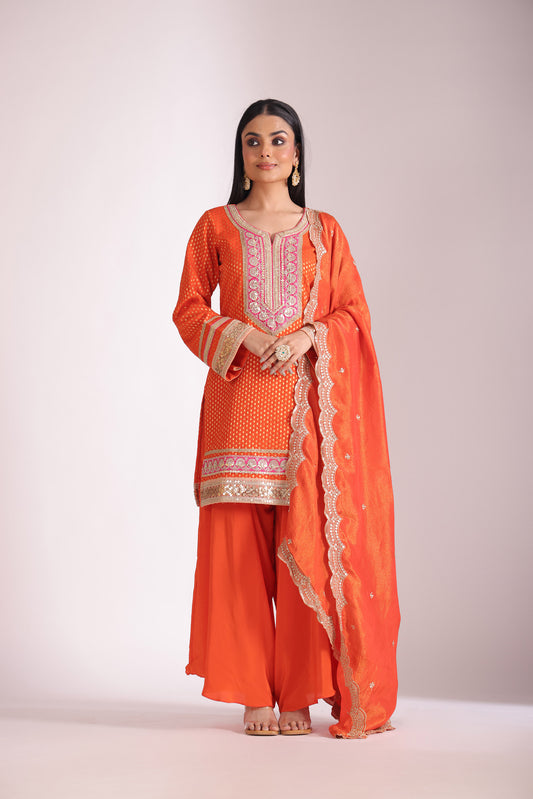 Noorika Orange Embroidered Silk Kurta With Dhoti Pant And Dupatta