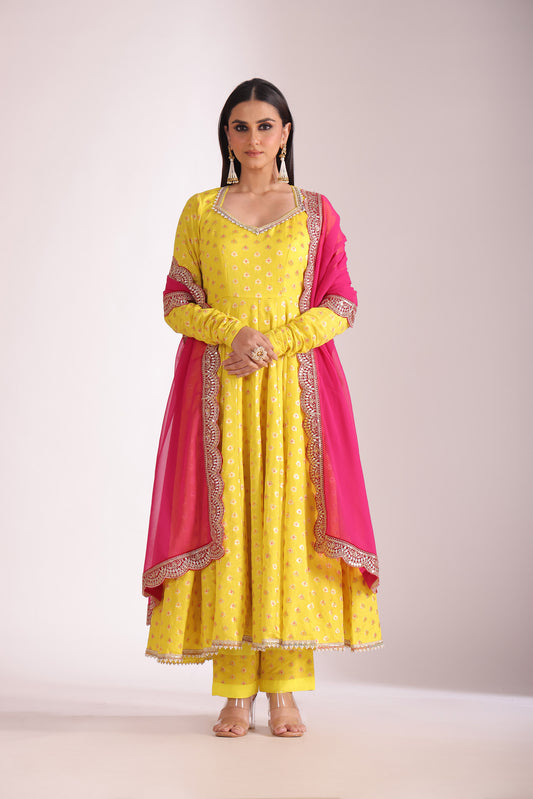 Noorika Yellow Embroidered Silk Anarkali With Pant And Dupatta
