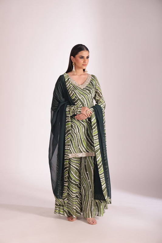 Gulzar Green Printed Chiffon Silk Sharara And Dupatta