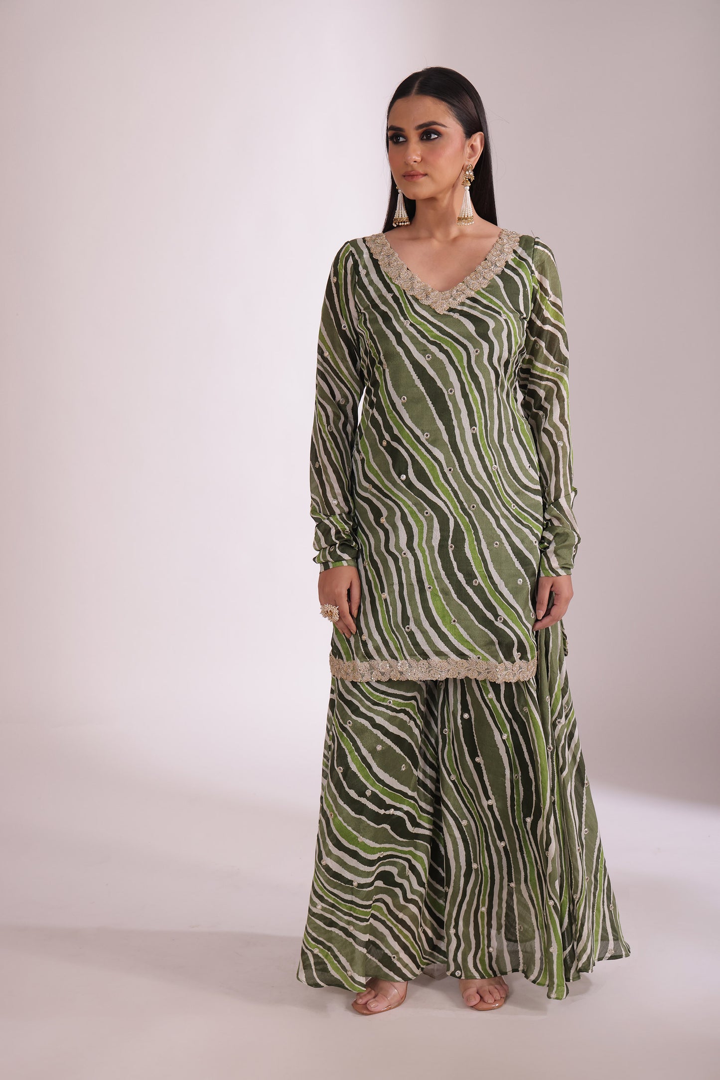 Gulzar Green Printed Chiffon Silk Sharara And Dupatta