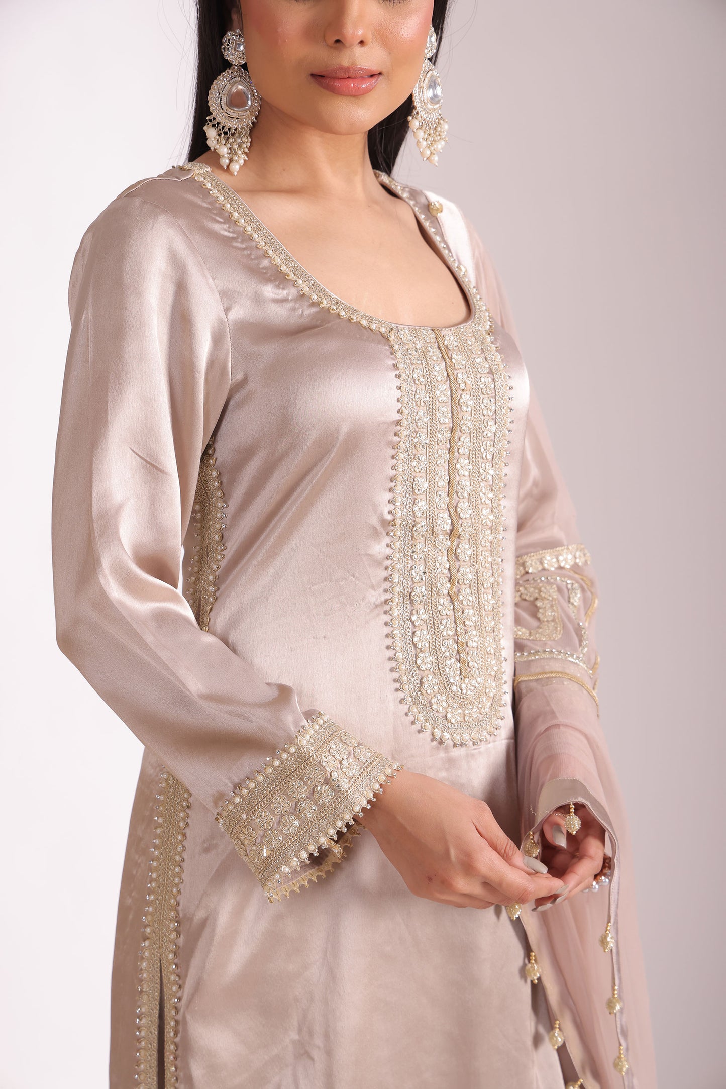 Jhalak Beige Embroidered Satin Silk Kurta With Farsi Salwar And Dupatta
