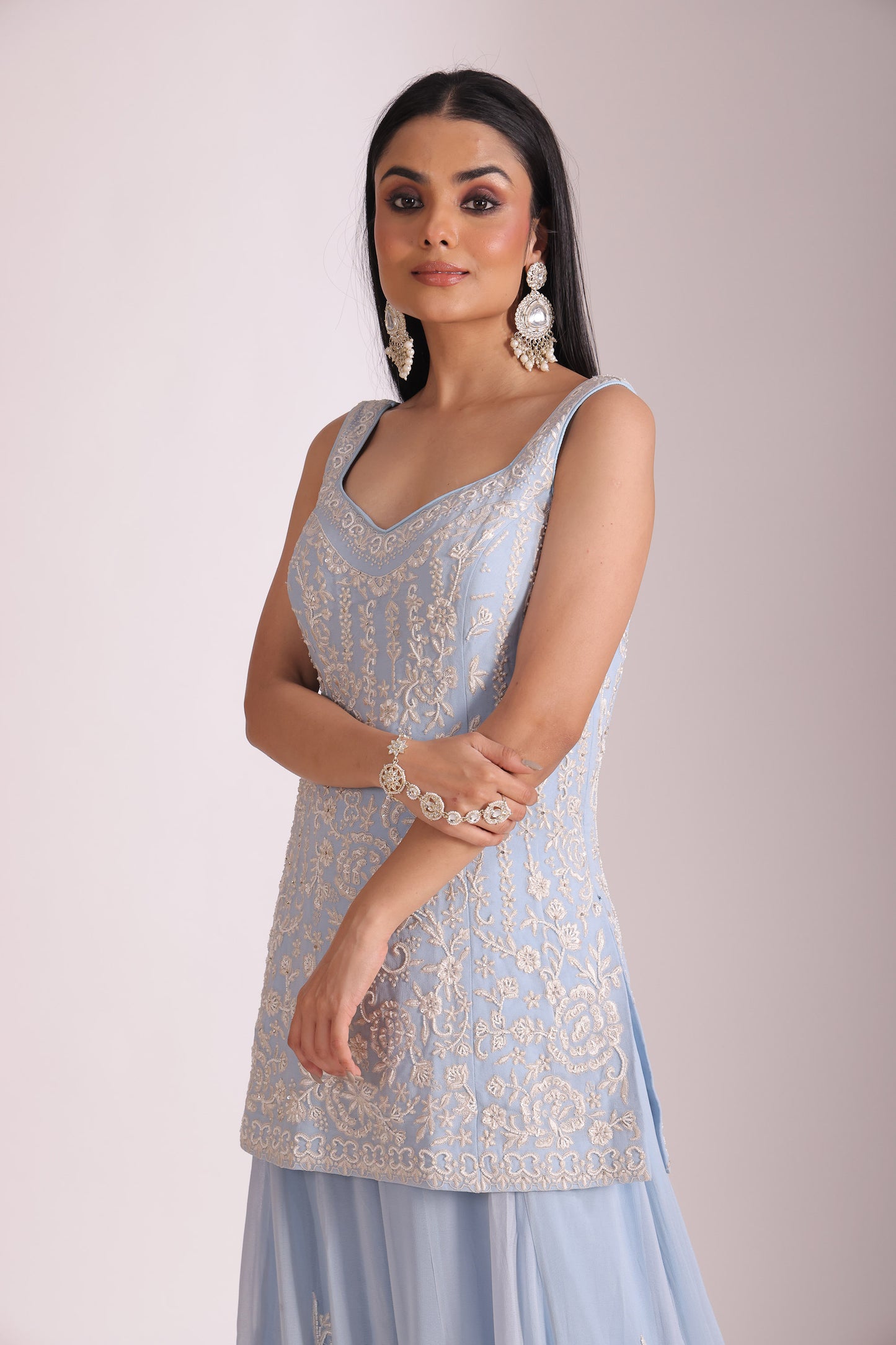 Rooh Sky Blue Embroidered Kurta, Sharara And Dupatta
