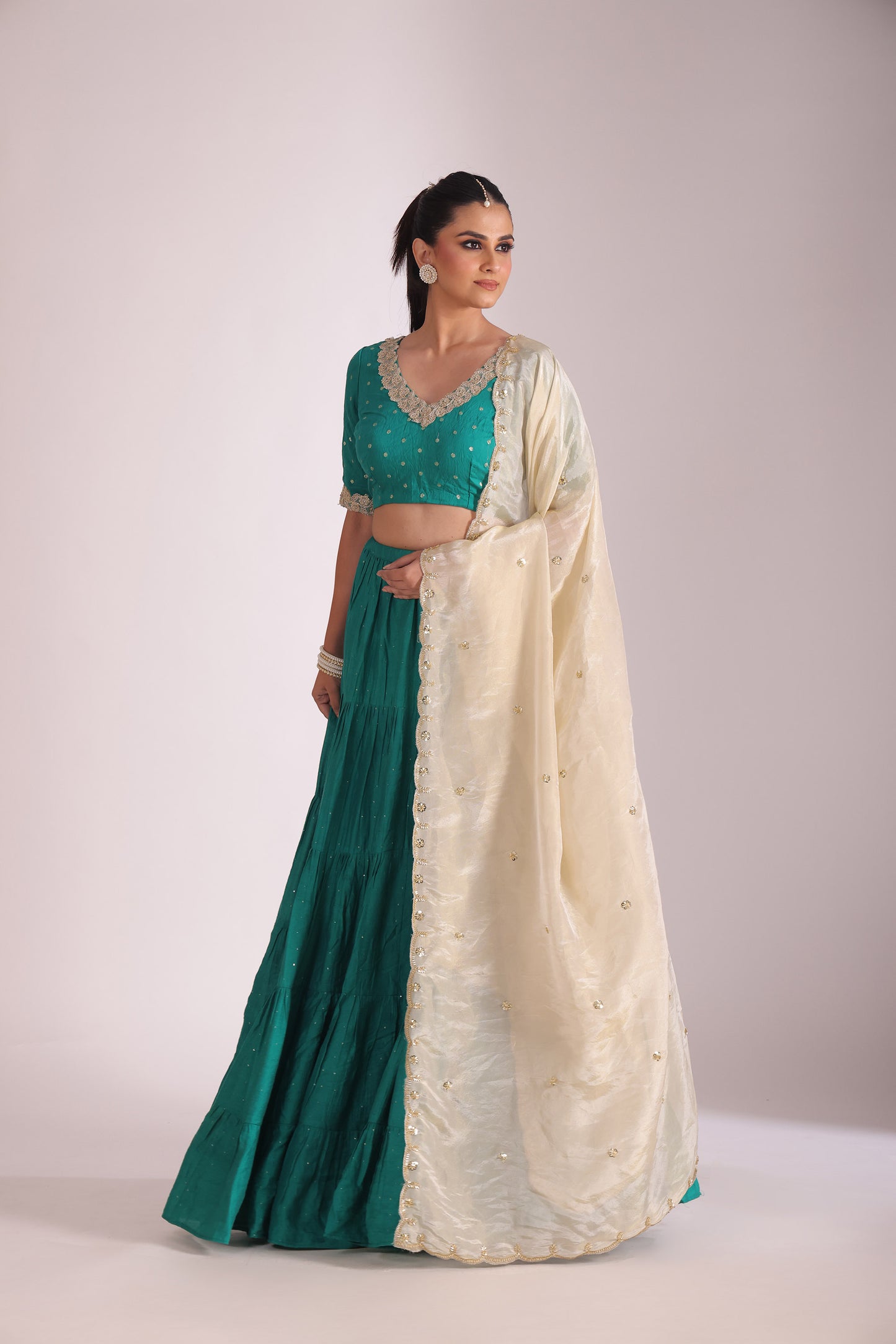 Mastani Teal Embroidered Chanderi Blouse And Lehenga With Dupatta