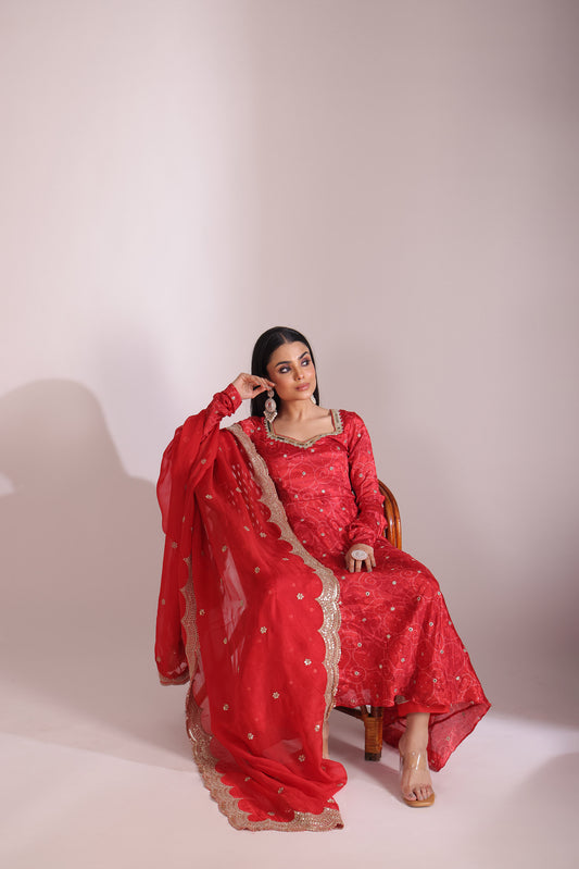 Gulzar Red Printed Crepe Anarkali And Dupatta
