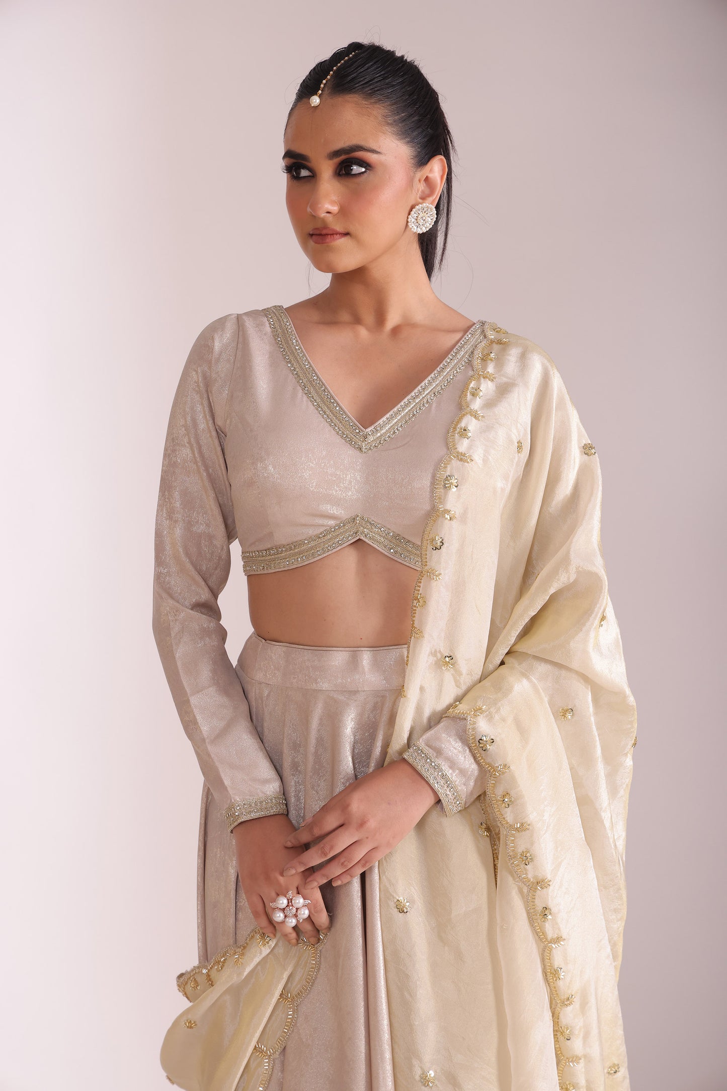Jhalak Beige Embroidered Crepe Lehenga And Dupatta