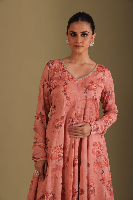 Gulzar Peach Printed Silk Crepe Anarkali And Dupatta