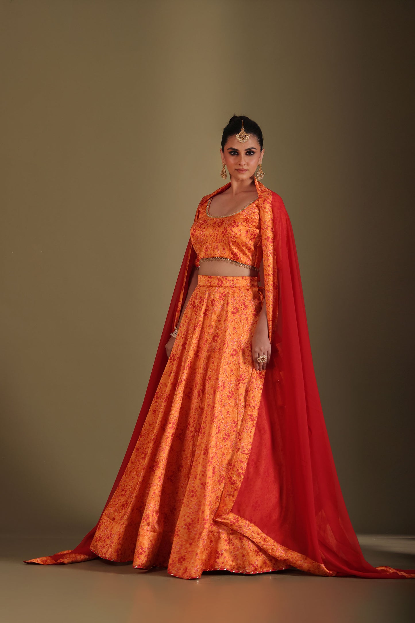 Gulzar Orange Printed Satin Georgette Lehenga And Dupatta