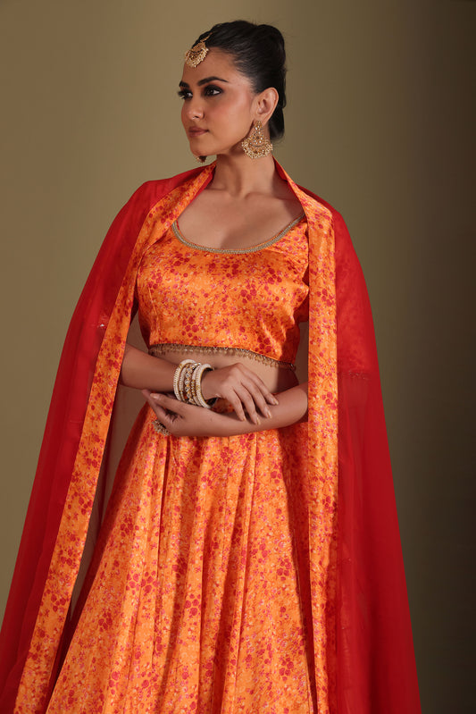 Gulzar Orange Printed Satin Georgette Lehenga And Dupatta