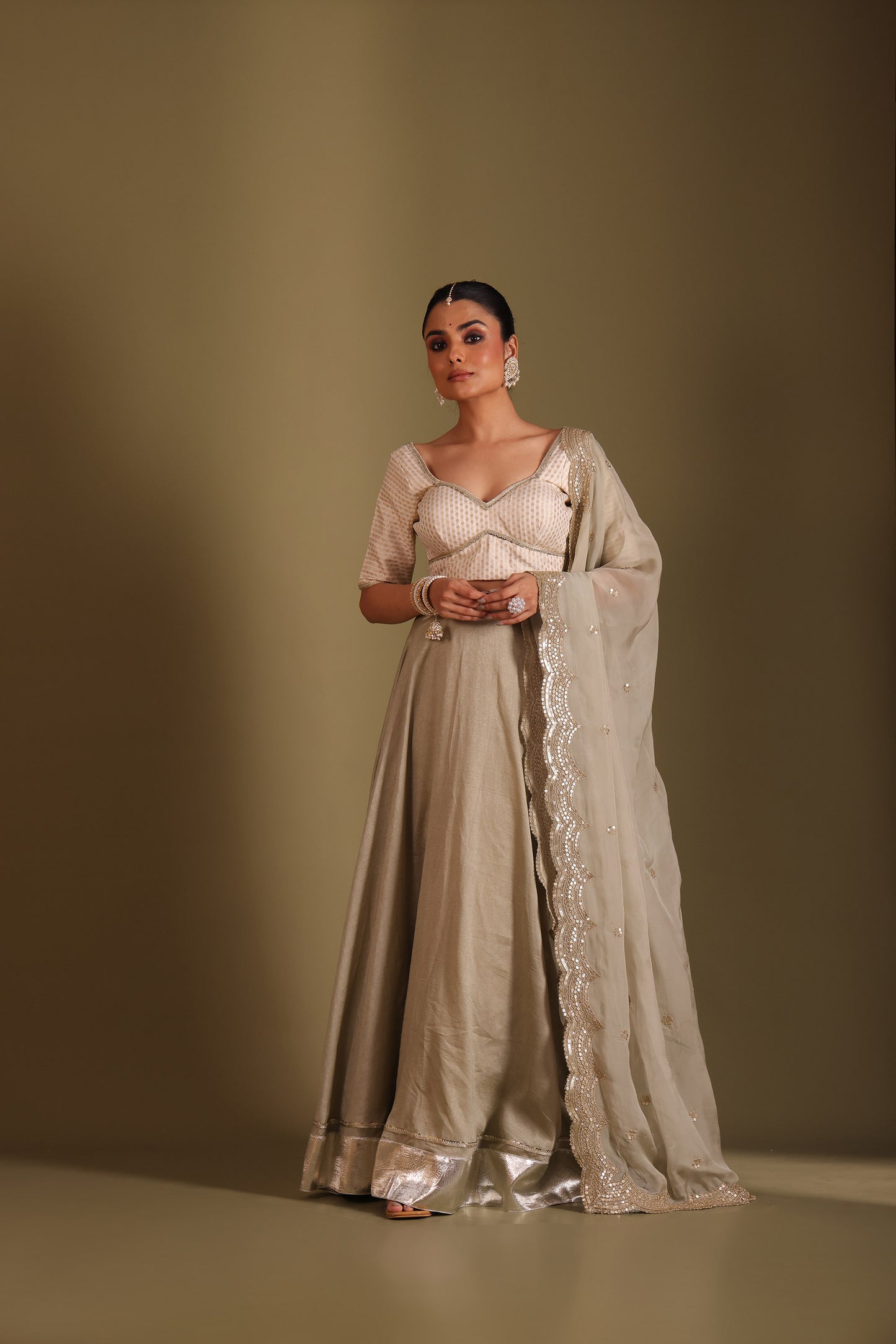 Noorika Ivory Embroidered Sage Silk Lehenga And Dupatta