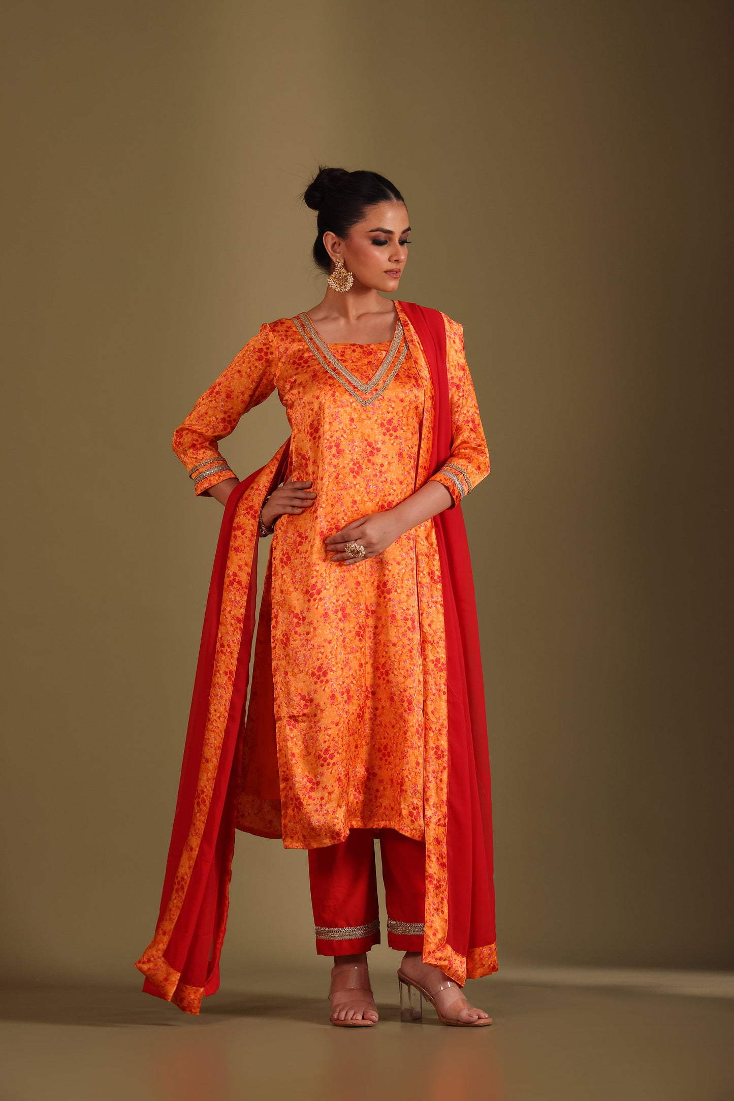 Gulzar Orange Printed Kurta Silk Crepe And Dupatta