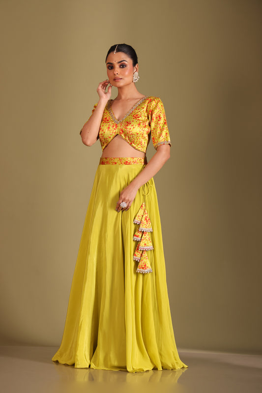 Gulzar Lime Printed Silk Crepe Lehenga And Dupatta