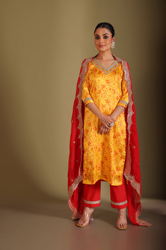Gulzar Yellow Printed Silk Crepe Kurta And Dupatta