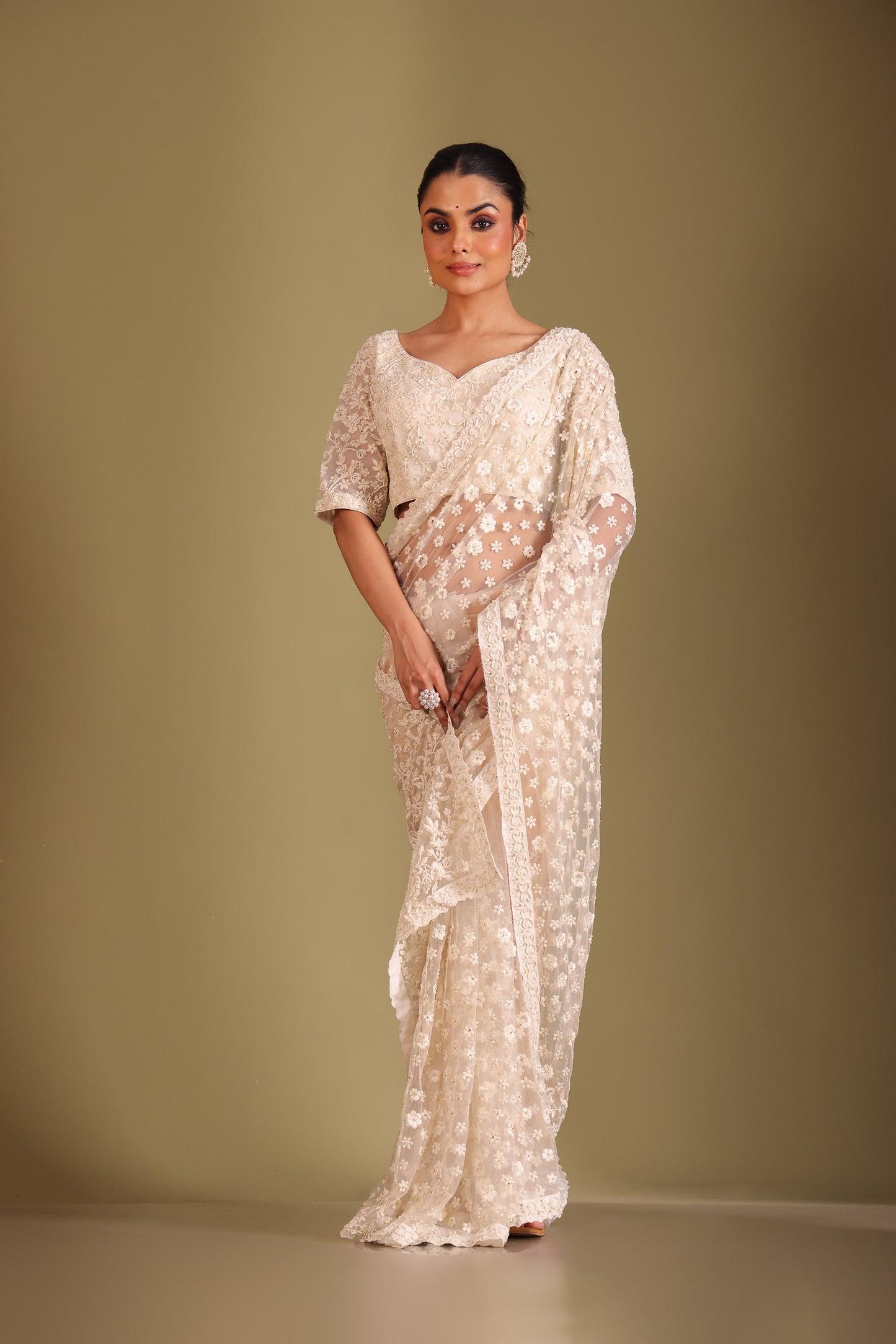 Rooh Ivory Embroidered Tulle Designer Saree