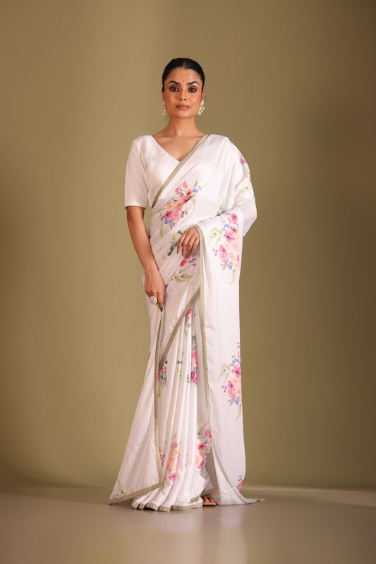 Gulzar White Digital Printed Silk Crepe Saree