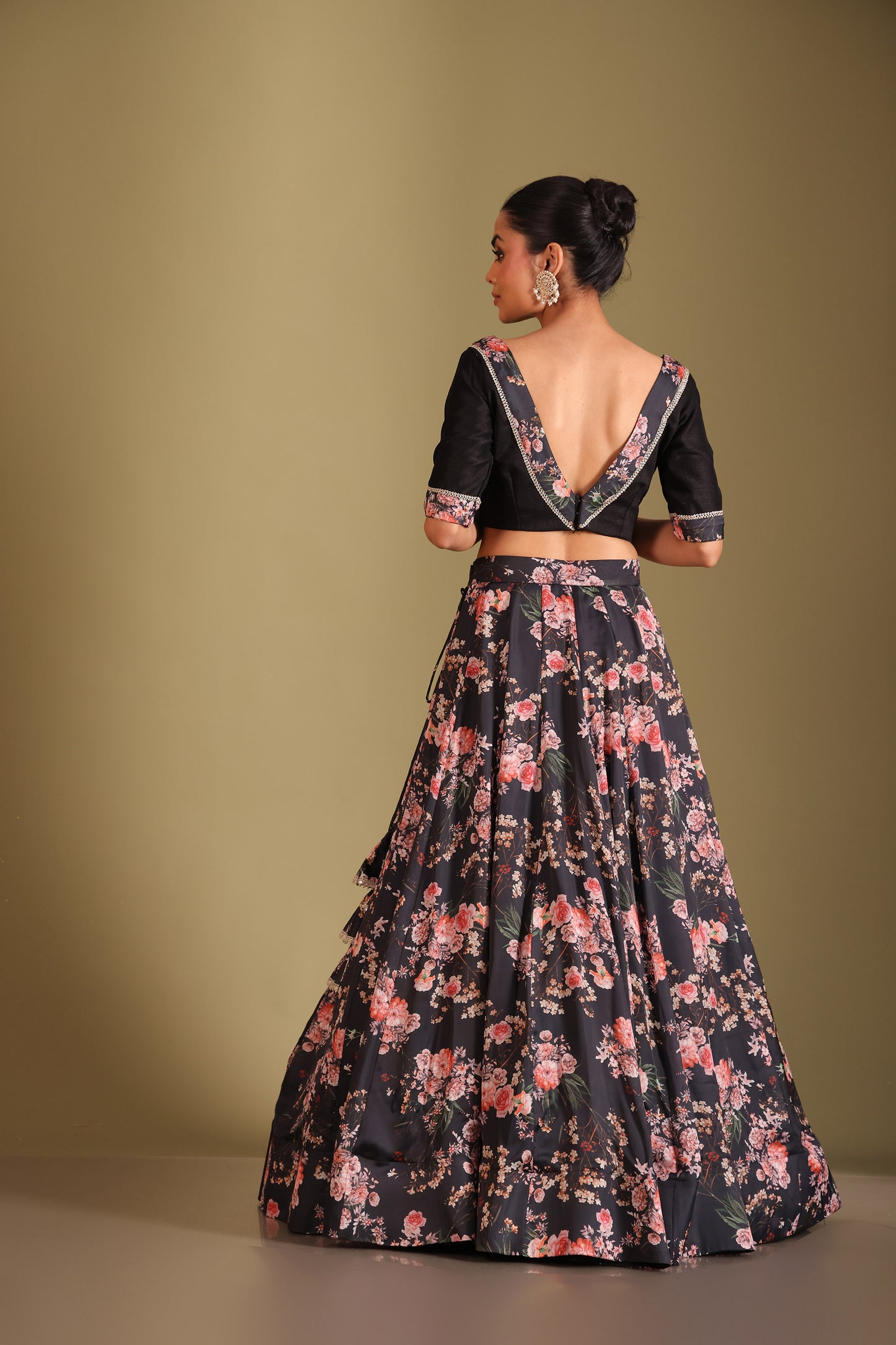 Gulzar Black Floral Printed Silk Crepe Lehenga And Dupatta