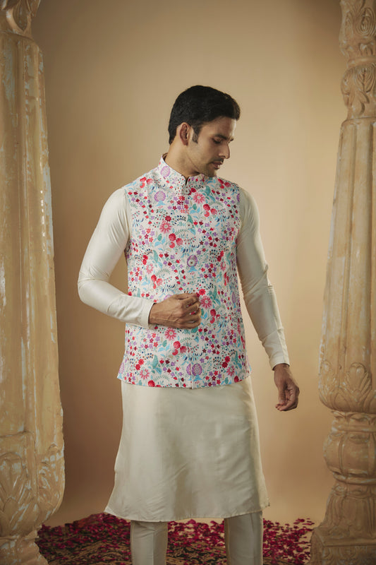 Daisy white digital print splendid silk kurta jacket set.