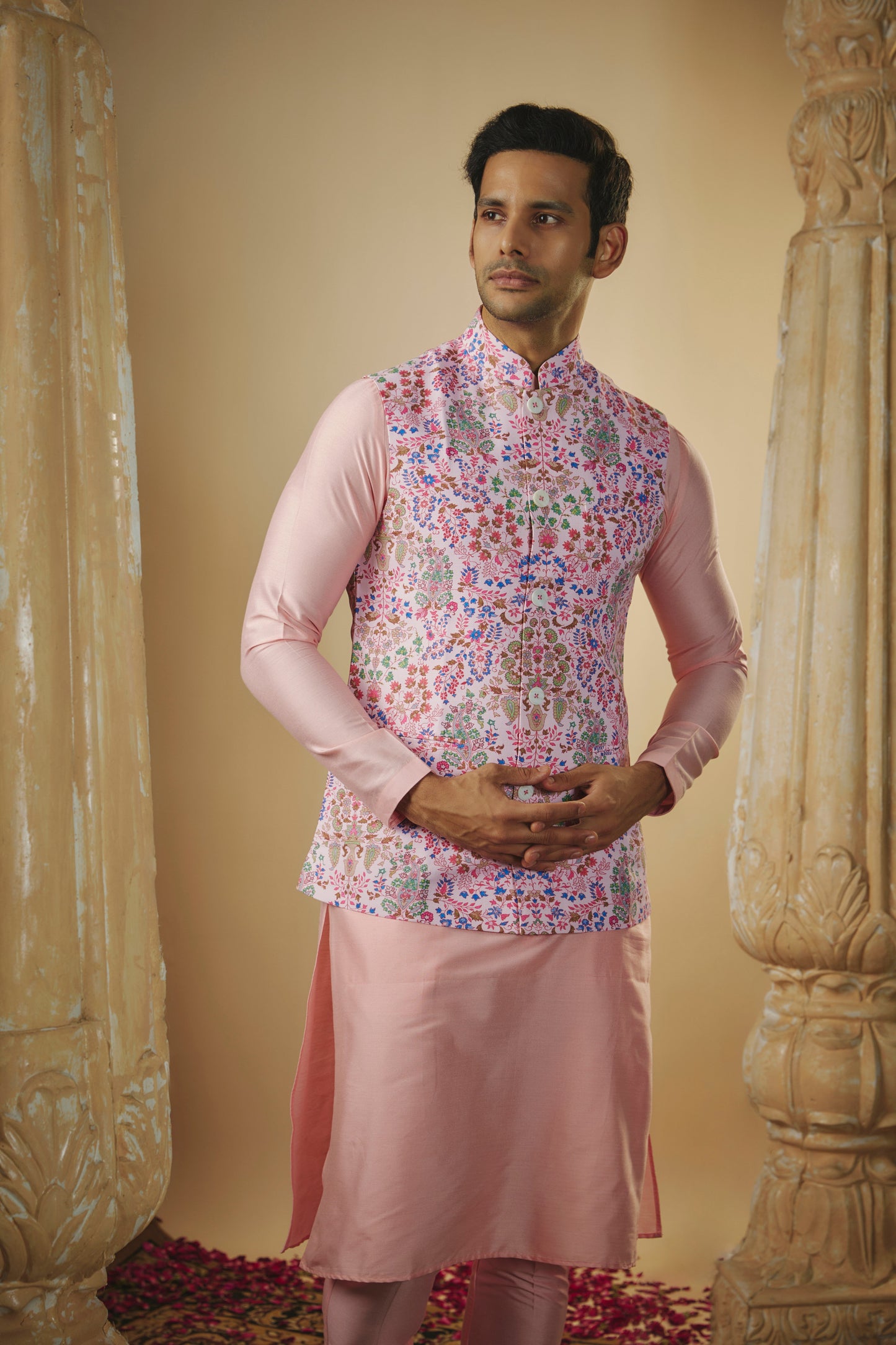 Ivory pink digital print splendid silk kurta jacket set.