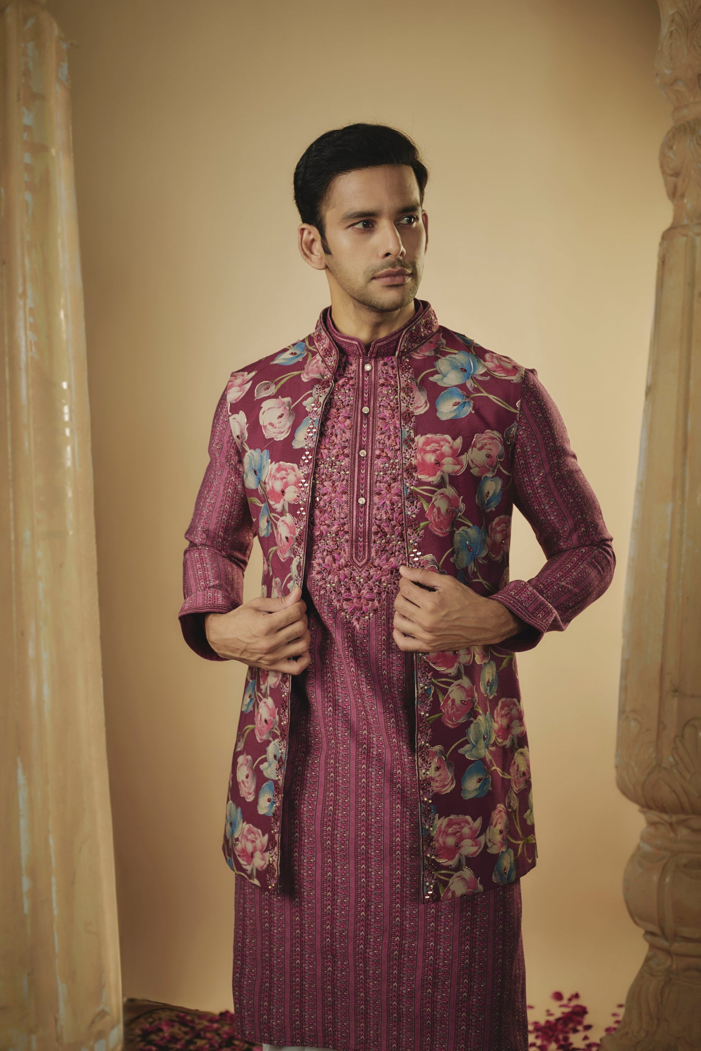 Maroon art silk mirror and thread embroidered kurta jacket set