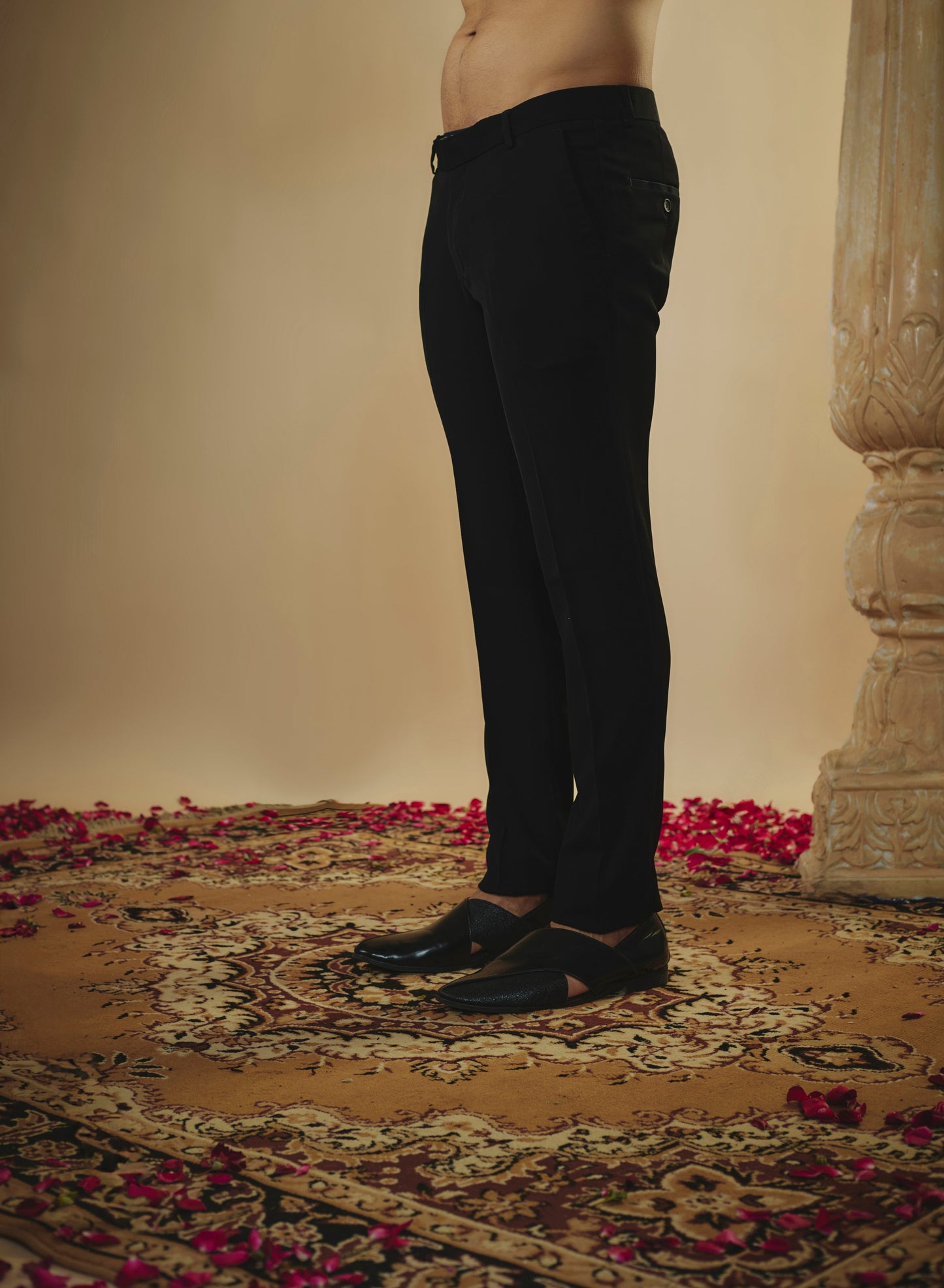 Jet black plain imported stone work open-indowestern set.