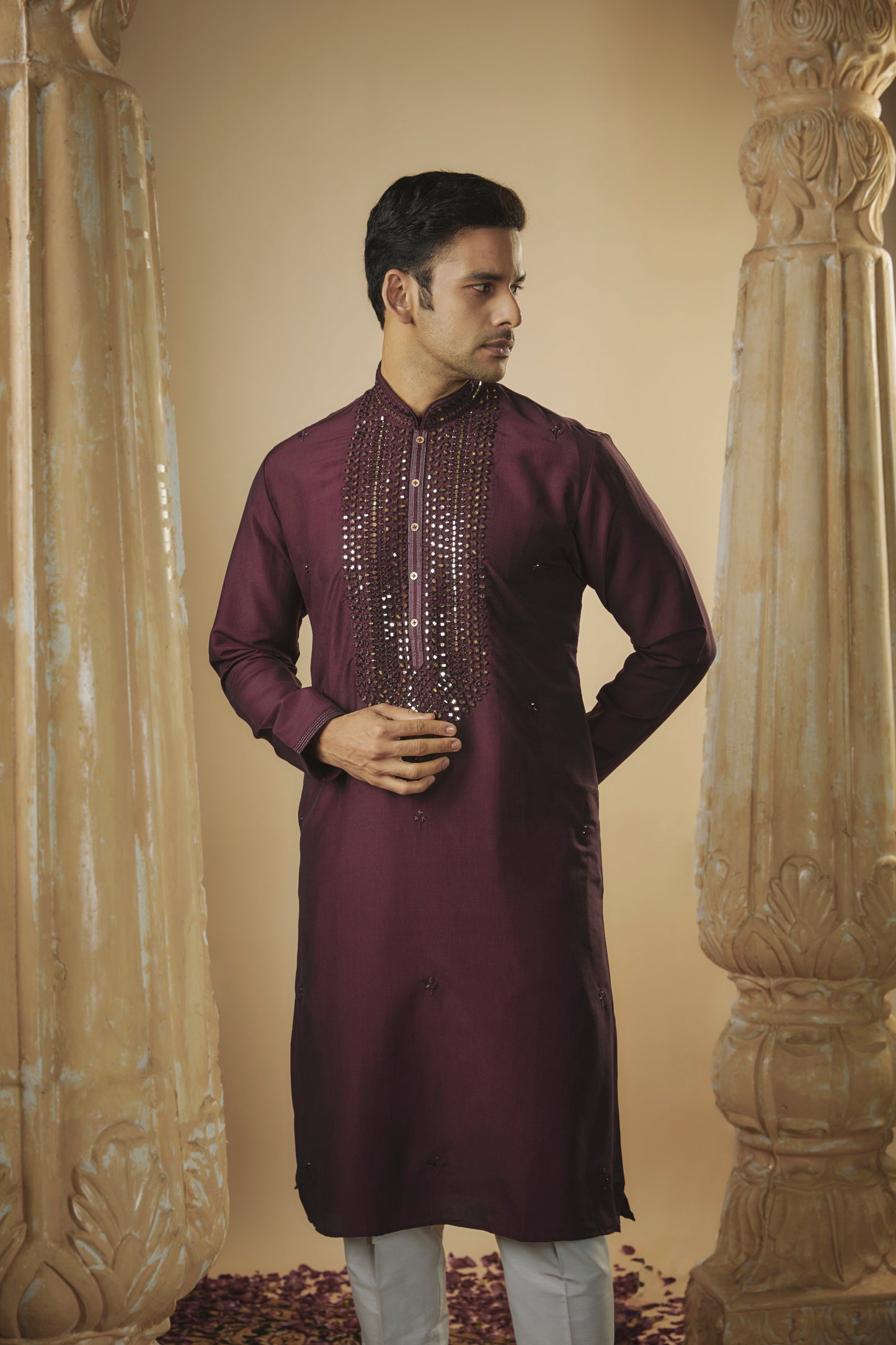 Burgundy art silk mirror embroidered kurta set
