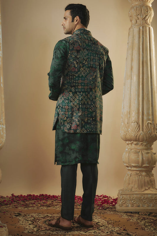 Castleton green art silk digital print open kurta jacket set