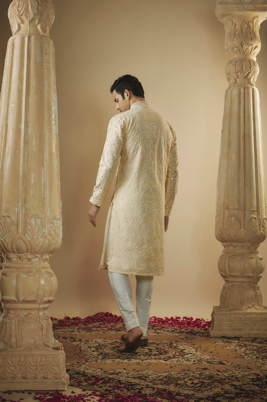 Light lemon lucknowi mirror embellished kurta set