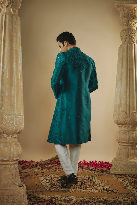 Teal blue art silk mirror embellised open-indowestern set