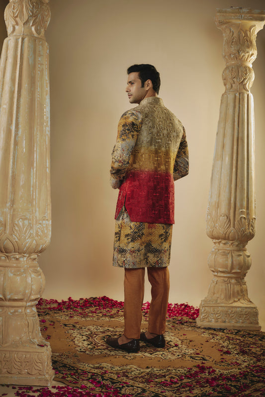 Multicoloured lucknowi digital print sequinned open kurta jacket set