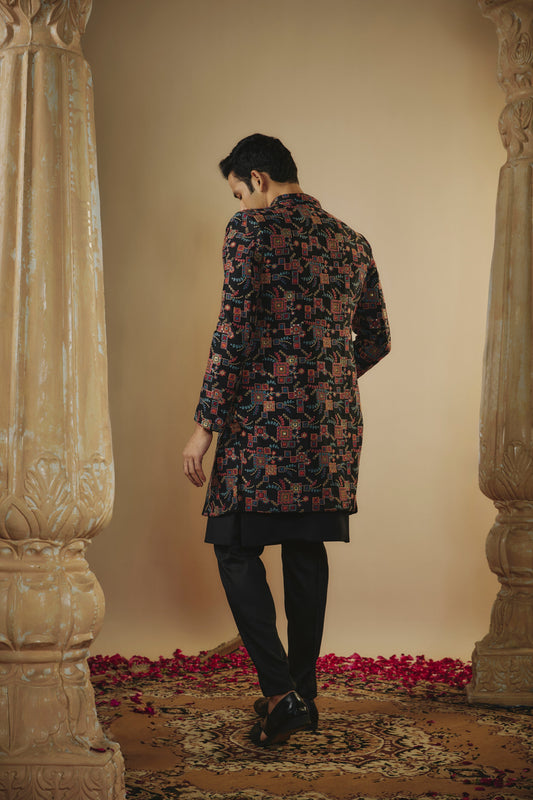 Onyx black plain imported resham embroidered open-indowestern set