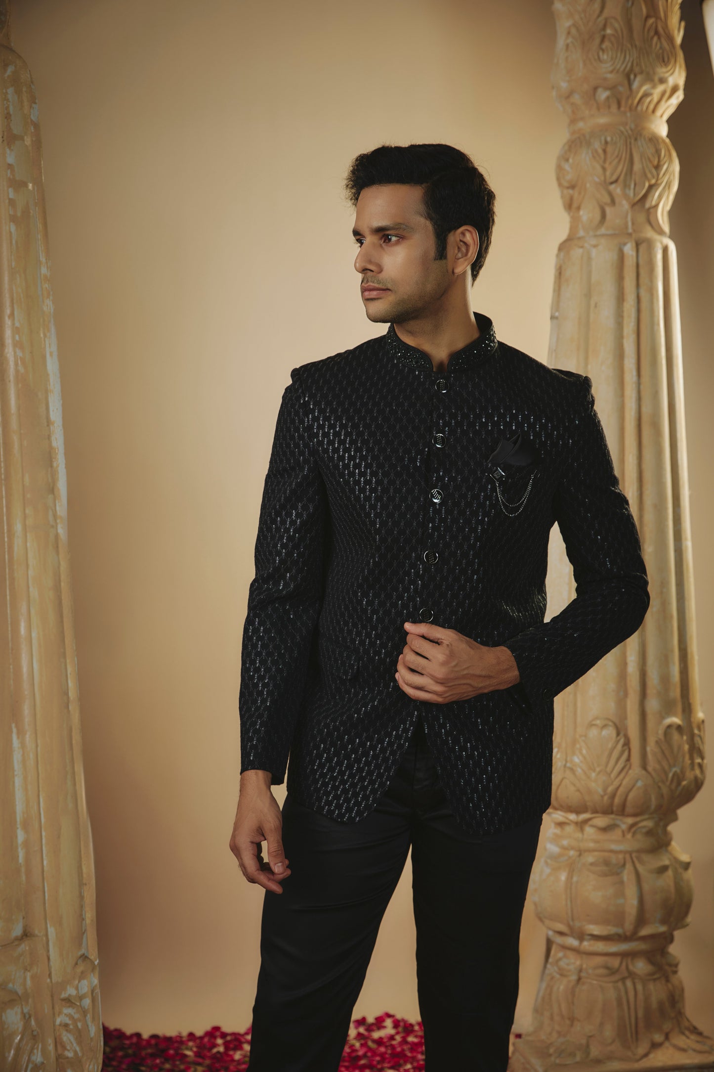 Ink black imported japanese sequinned jodhpuri set