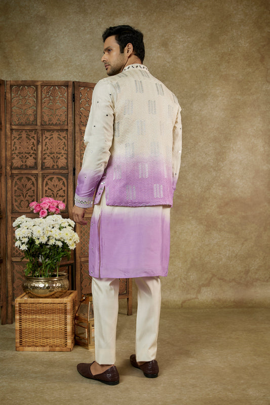 OMBRE CREAM LILAC MIRROR EMBELLISHED LUCKNOWI SILK KURTA JACKET SET