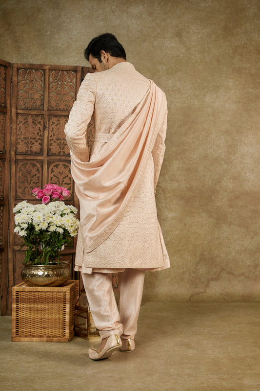 PEACH ROSE SILK ANARKALI SHERWANI SET WITH STONE EMBELLISHMENTS
