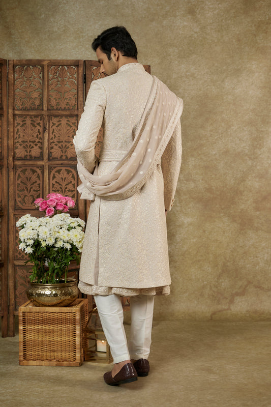 GOLD CREAM SILK ANARKALI SHERWANI SET WITH STONE EMBELLISHMENTS