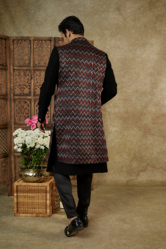 COAL BLACK LUCKNOWI VELVET OPEN INDOWESTERN SET