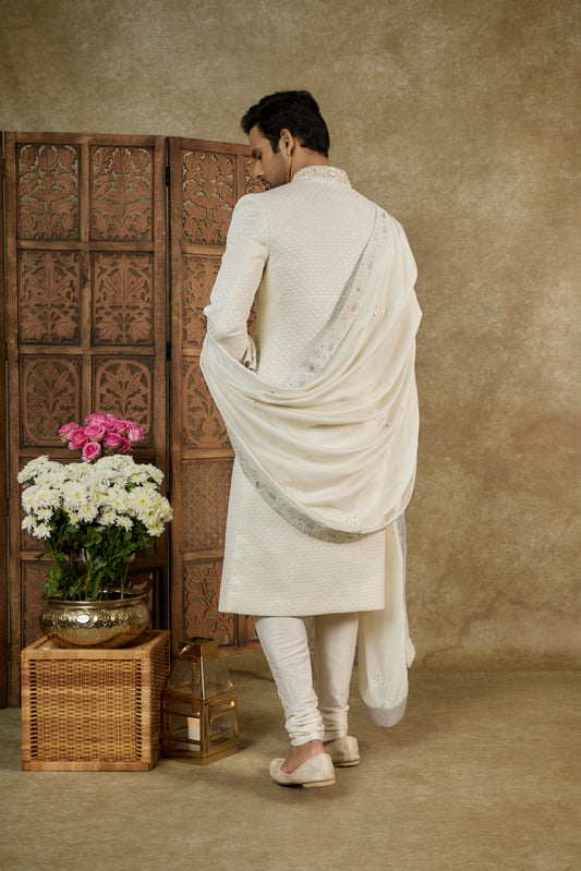DOVE WHITE LUCKNOWI VELVET SHERWANI SET