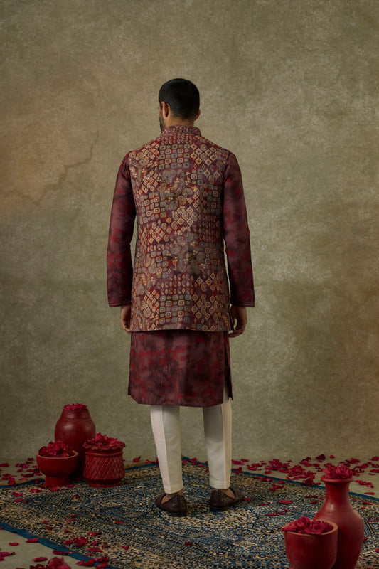 Berry printed Splendid silk resham and embroidered Open kurta Jacket set