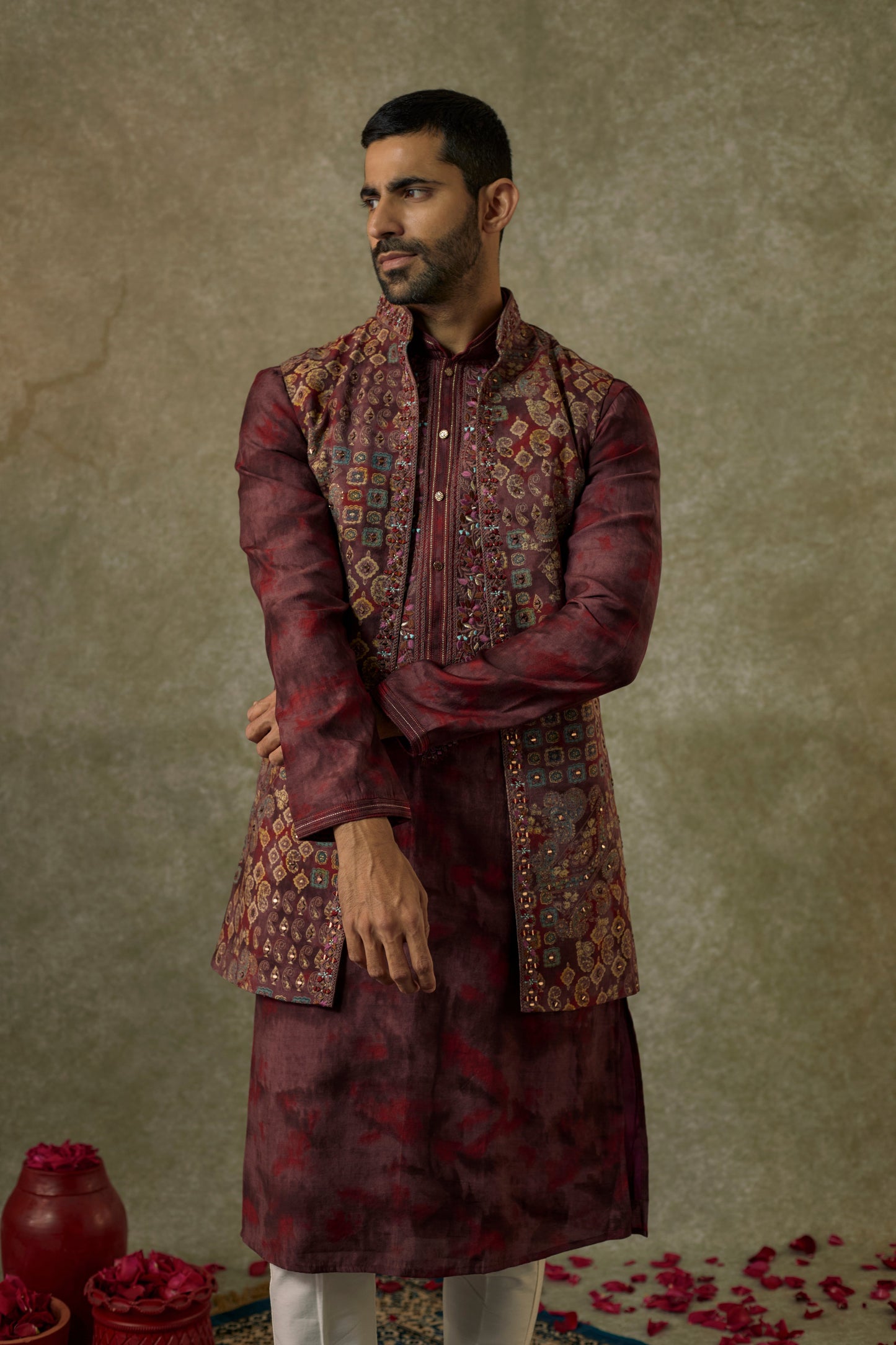 Berry printed Splendid silk resham and embroidered Open kurta Jacket set