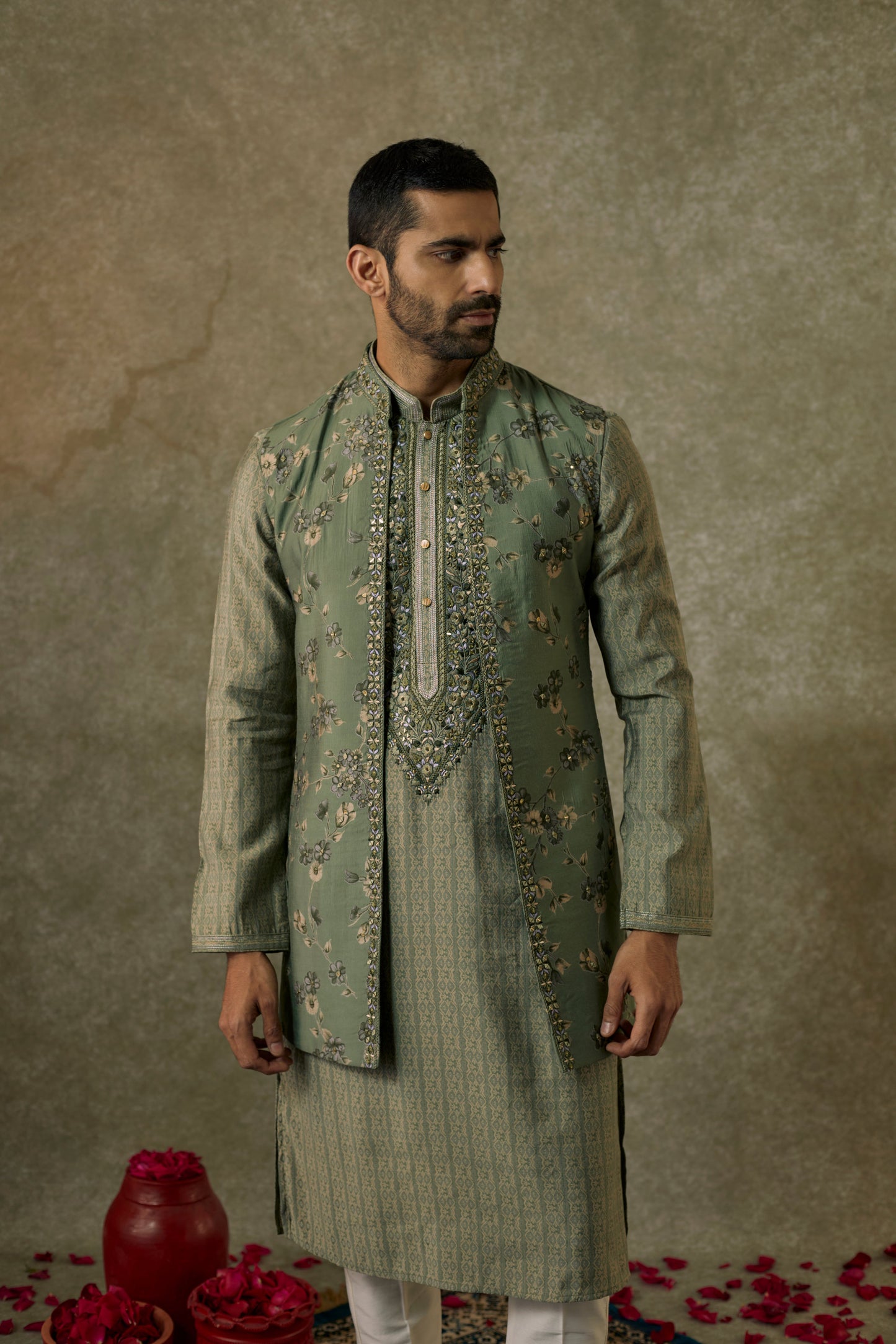 Pistachio printed Splendid silk resham and embroidered Open kurta Jacket set