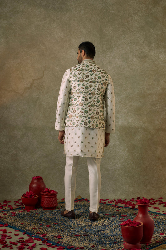 Ivory White Chanderi silk resham Kurta jacket set