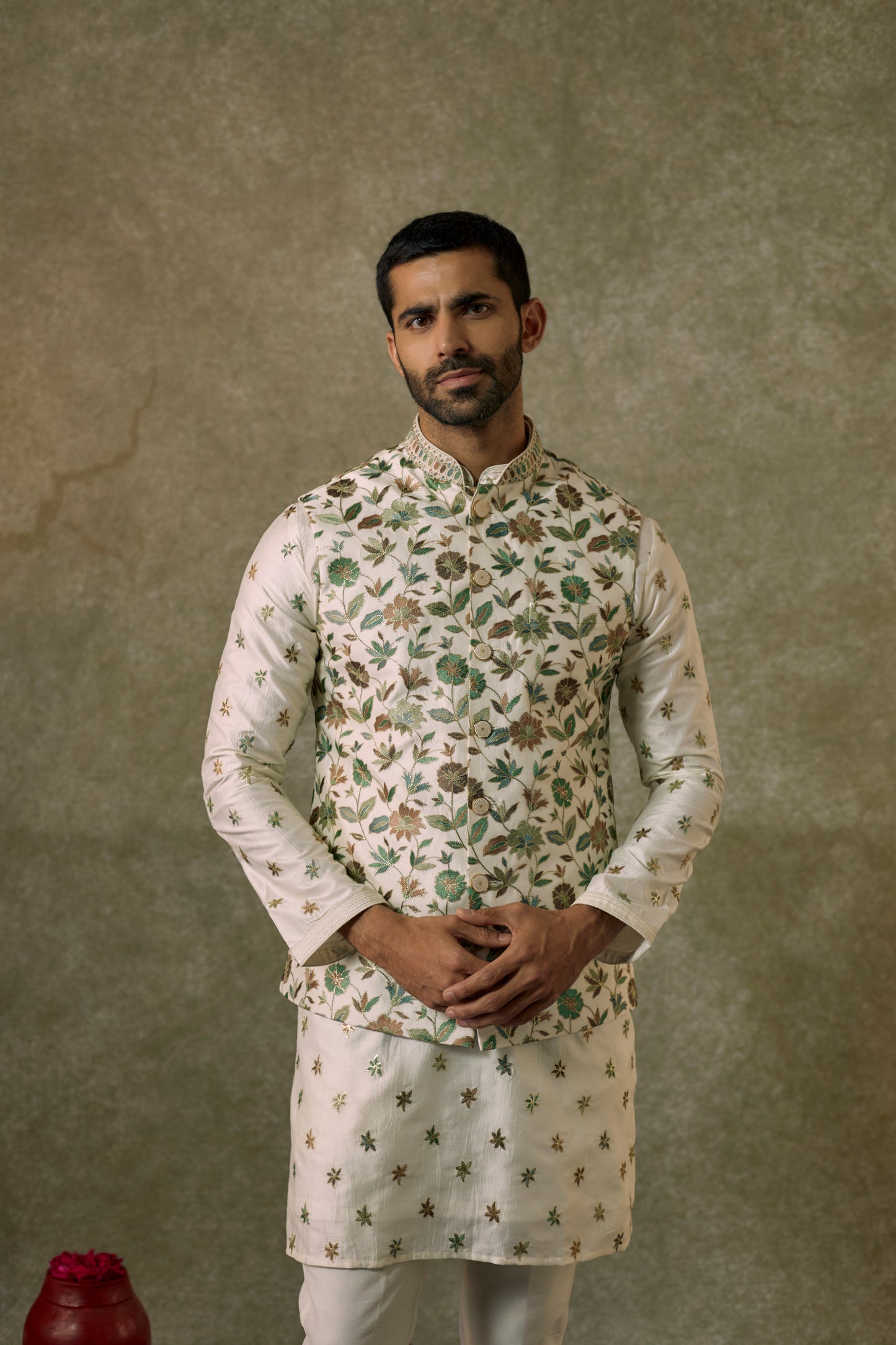 Ivory White Chanderi silk resham Kurta jacket set