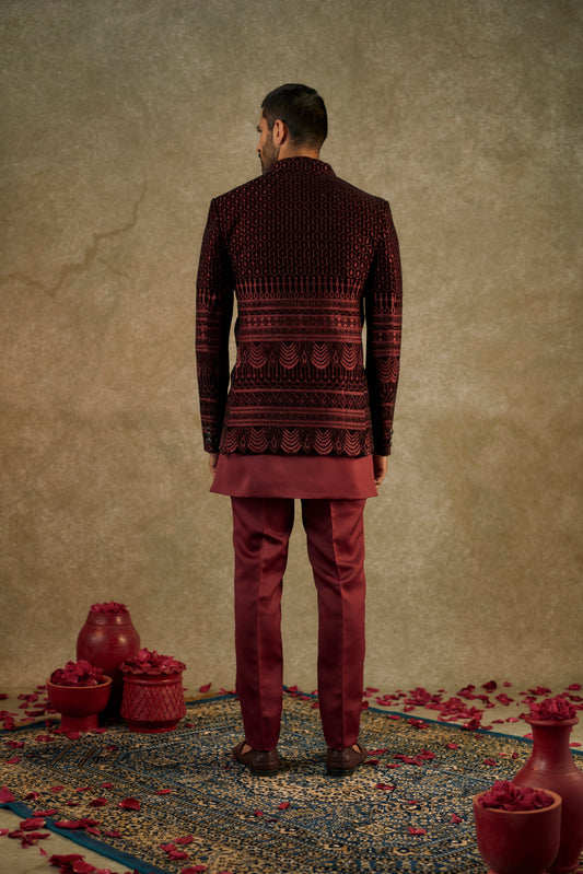 Garnet Red Satin silk and Velevt Embroidery Open indo western set
