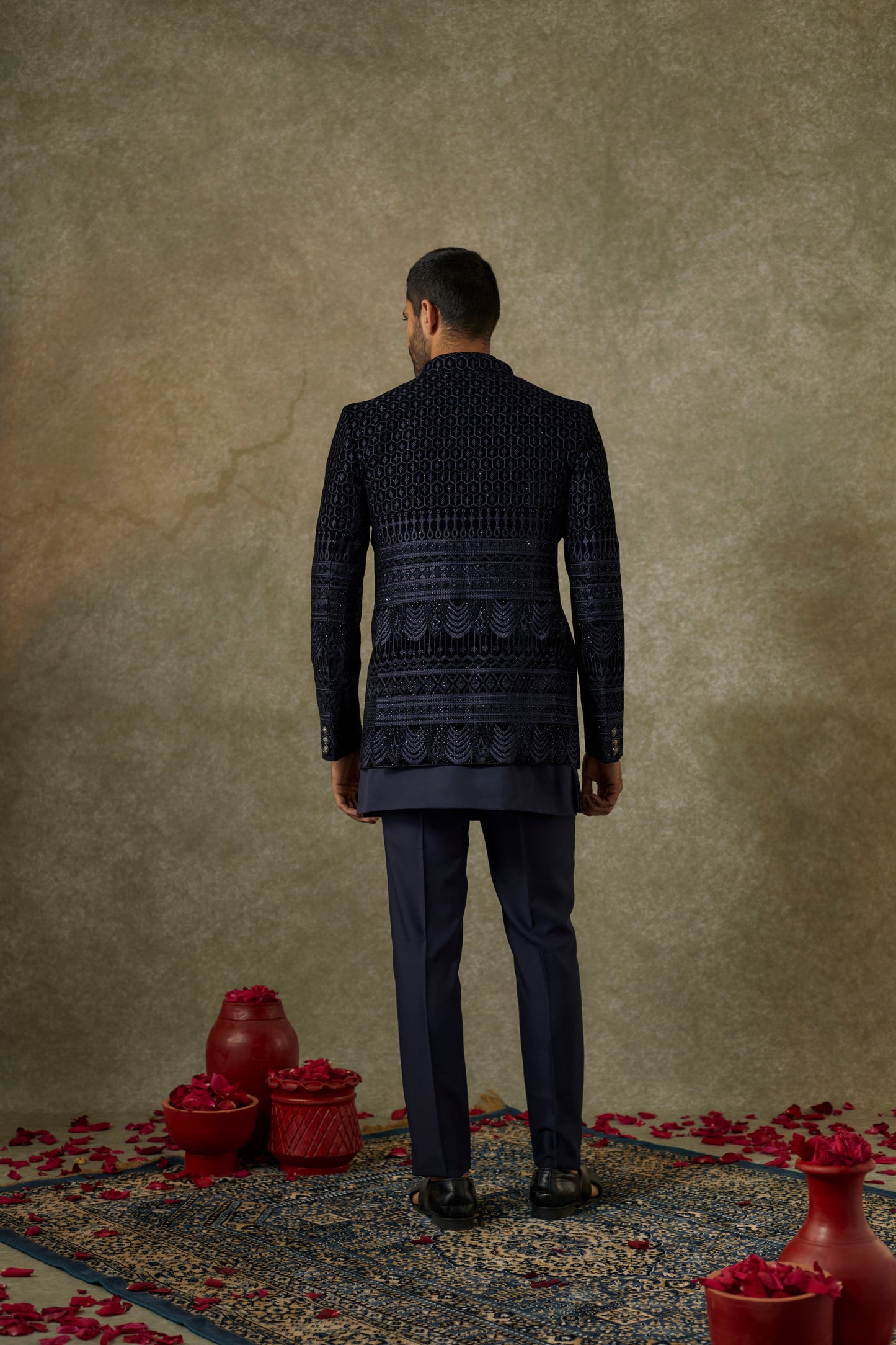 Royal Blue Satin silk and Velevt Embroidery Open indo western set