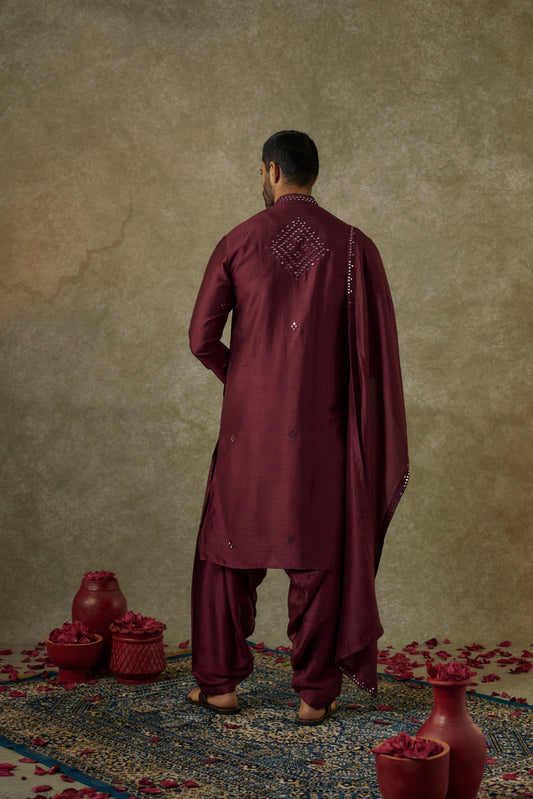 Red Cherry art silk mirror embroidered patiala suit set