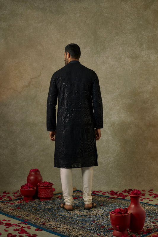 Jet Black Sequins Lucknowi Kurta Pajama Set