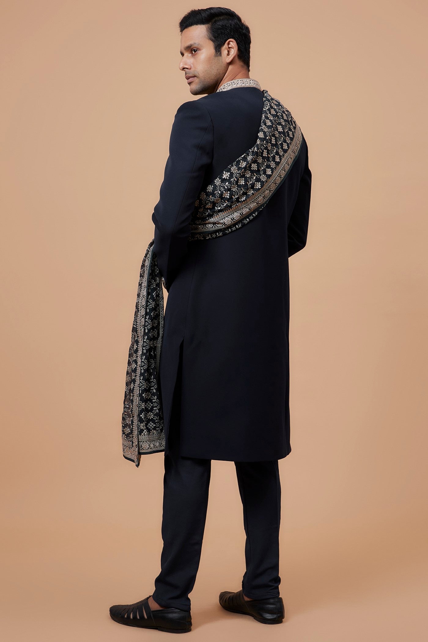 Blue Suiting Fabric Embroidered Indowestern Set