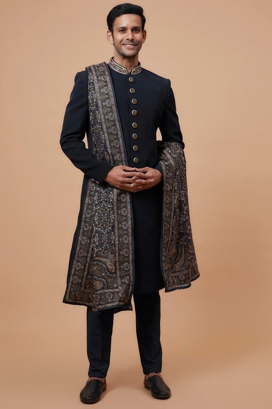 Blue Suiting Fabric Embroidered Indowestern Set