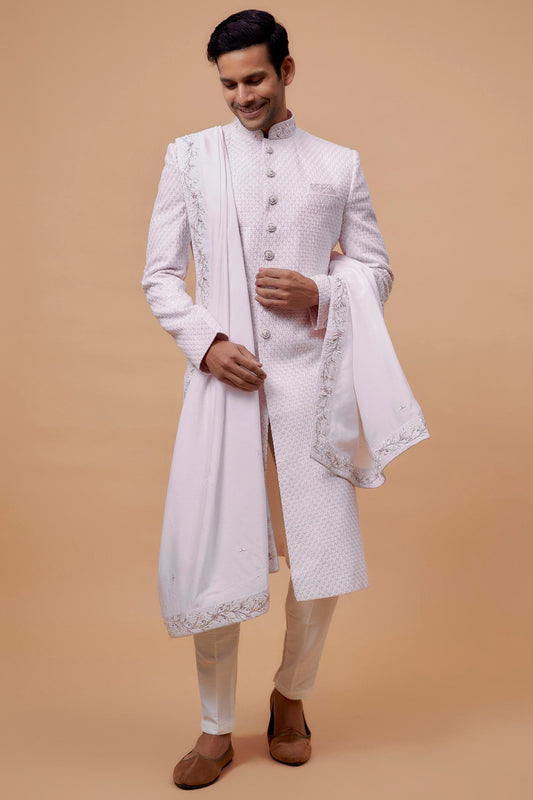 Light Pink Lucknowi Embroidered Sherwani Set