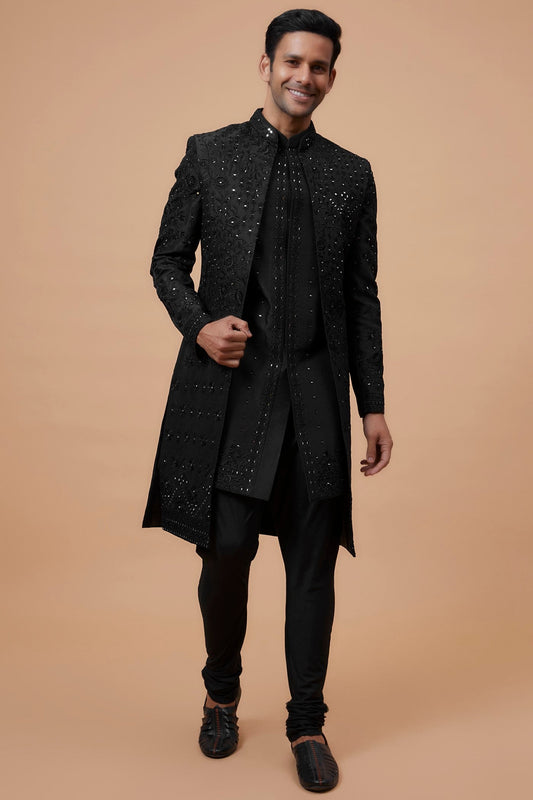 Black Silk Embroidered Indowestern Set